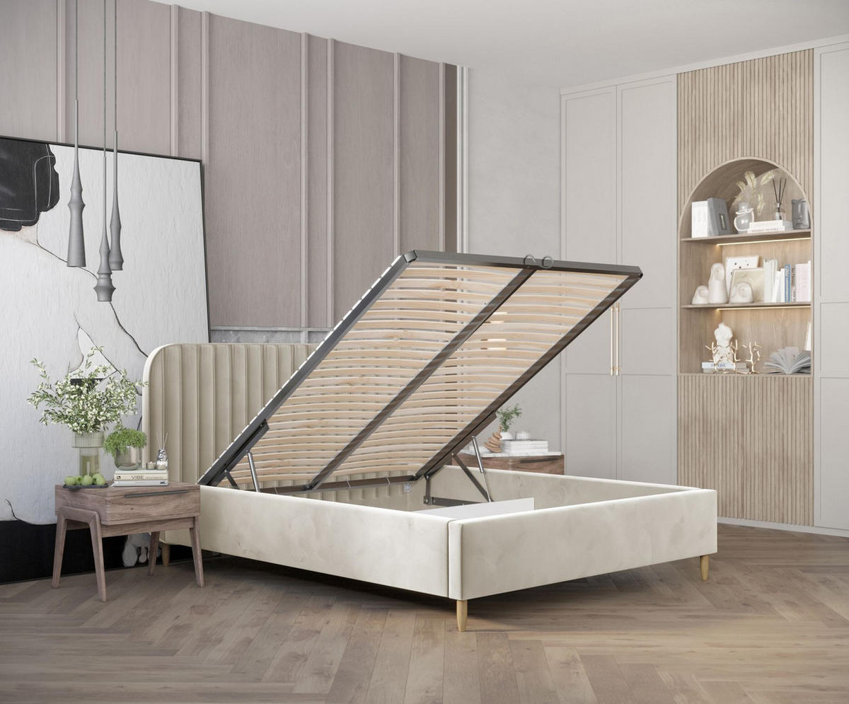 POLSTERBETT Noto Hellbeige 120/200 cm im Samtstoff - Beige/Naturfarben, Holz/Holzwerkstoff (120/200cm) - Maison de Reve