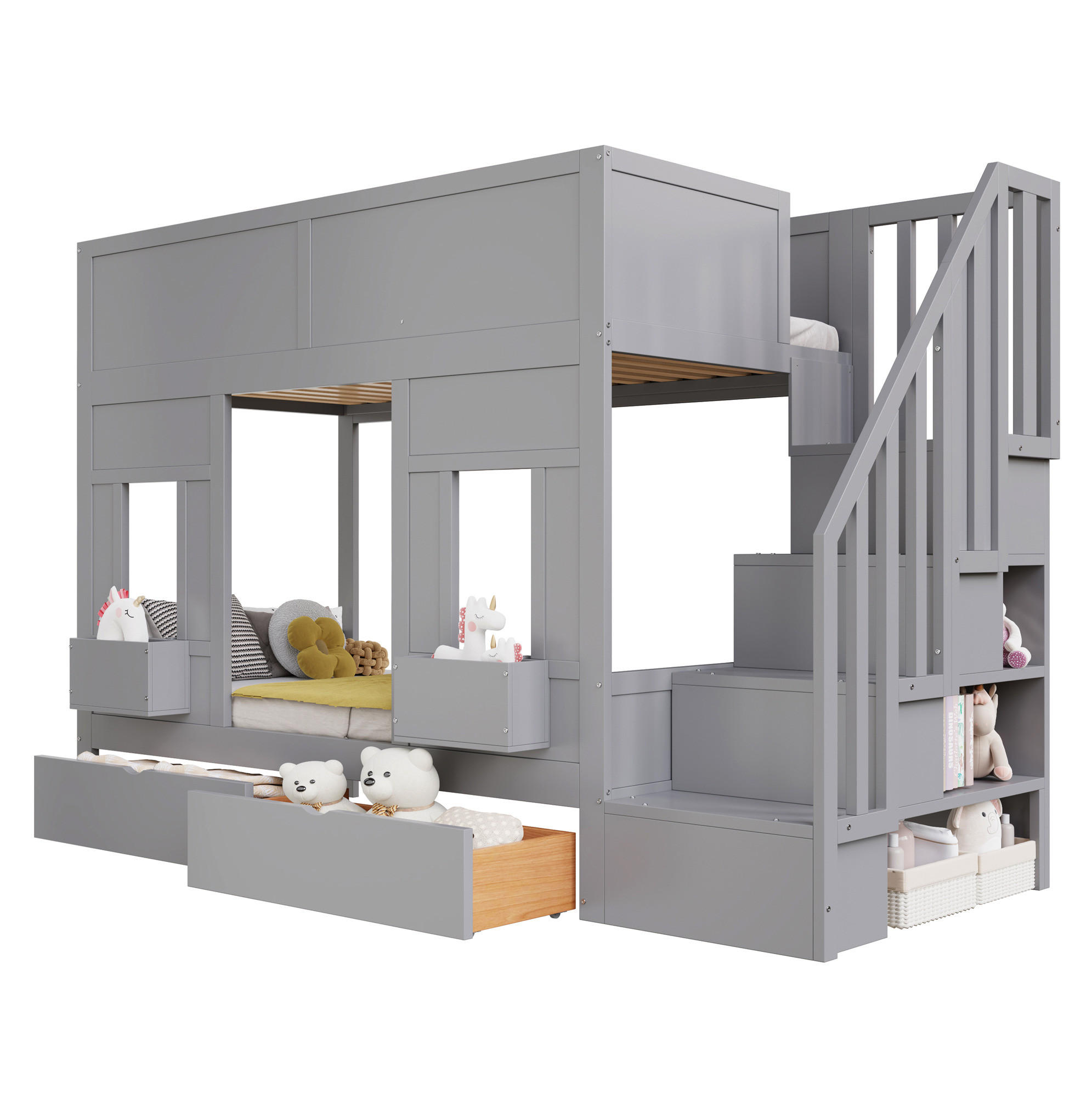 ETAGENBETT 90/200 cm grau aus Holz mit Treppe und Stauraum - Grau, Holzwerkstoff (90/200cm) - OKWISH
