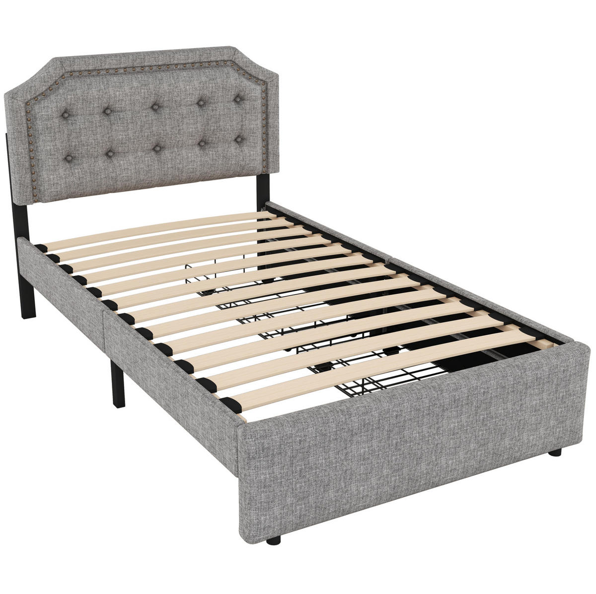 POLSTERBETT aus MDF und Leinen 90x200 cm Grau mit Schubladen und höhenverstellbarem Kopfteil - Grau, Textil (90/200cm) - IVMEU