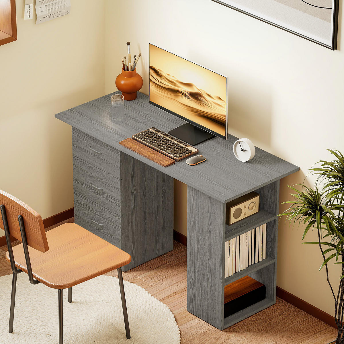 SCHREIBTISCH Grau mit 3 Schubladen und 3 Regalfächern 120/49/72 cm - Grau, Holzwerkstoff (49/120/72cm) - PANGIVO