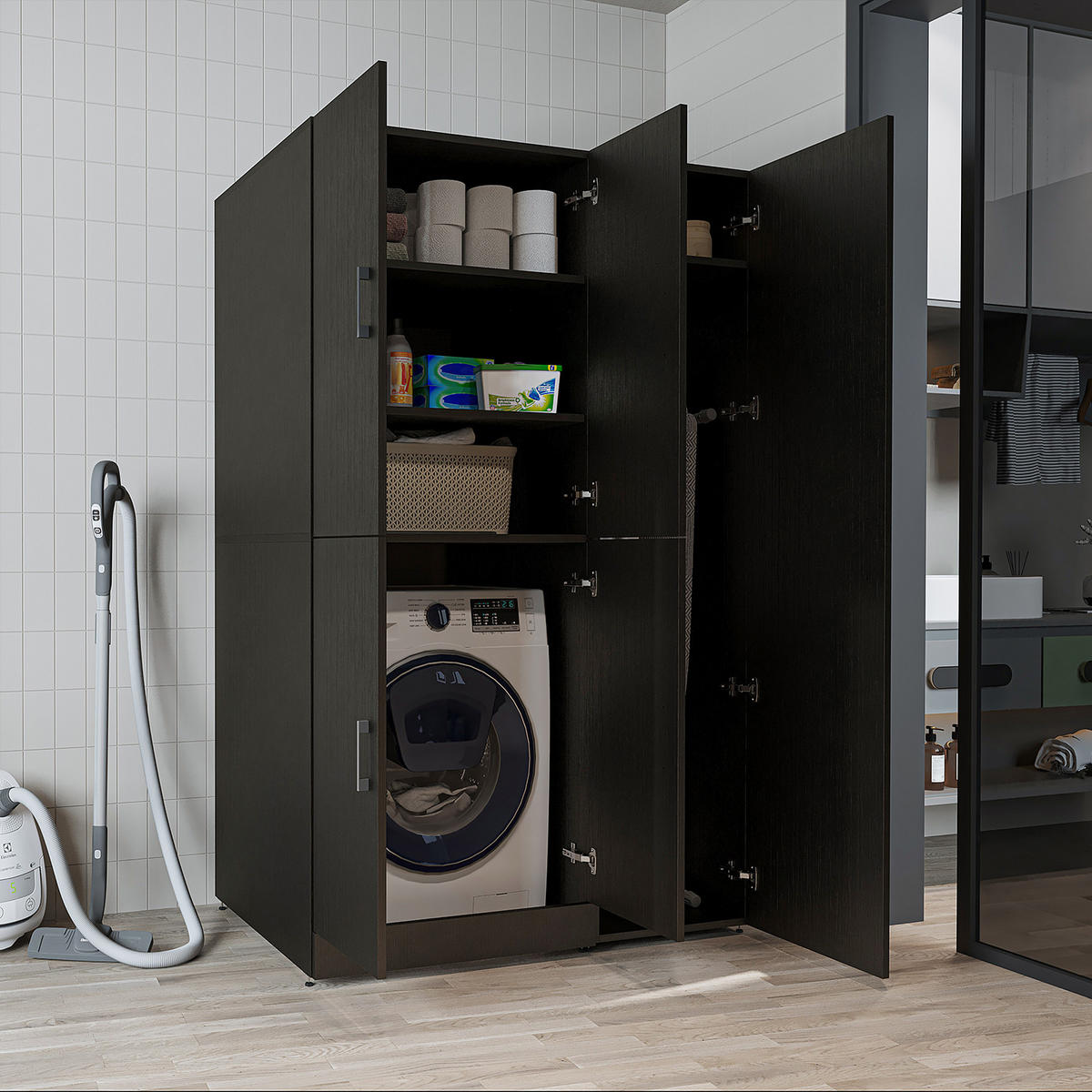 WASCHMASCHINENSCHRANK DORA-II 115cm Breit, 186cm Hoch - Schwarz, Holzwerkstoff (115/186/73.8cm)