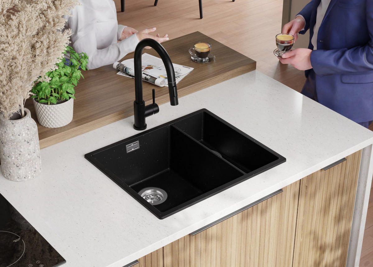 SPÜLBECKEN London Slim Duo, 2-er set Schwarz Metallic 56/47 cm 1,5 Becken + Ablauf-Set ab 60er Unterschrank - Chromfarben/Schwarz Hochglanz, Kunststoff (56/20/47cm) - Primagran