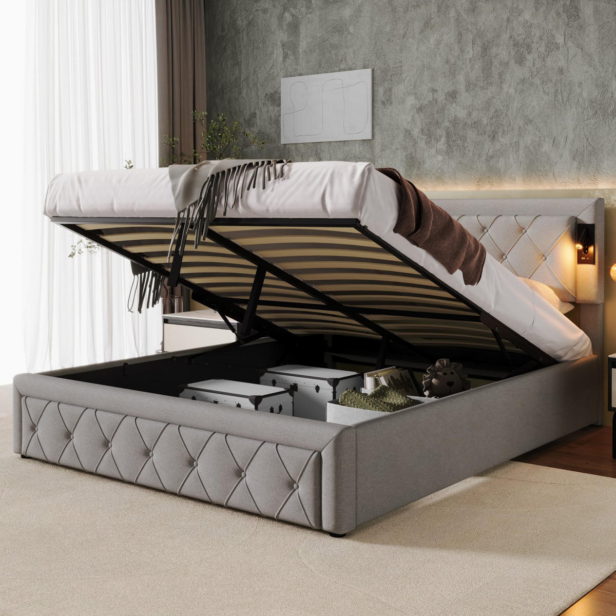 POLSTERBETT 160/200 cm mit Downlights, USB und hydraulischem Stauraum, Leinen, Grau - Grau, Textil (160/200cm) - Redom
