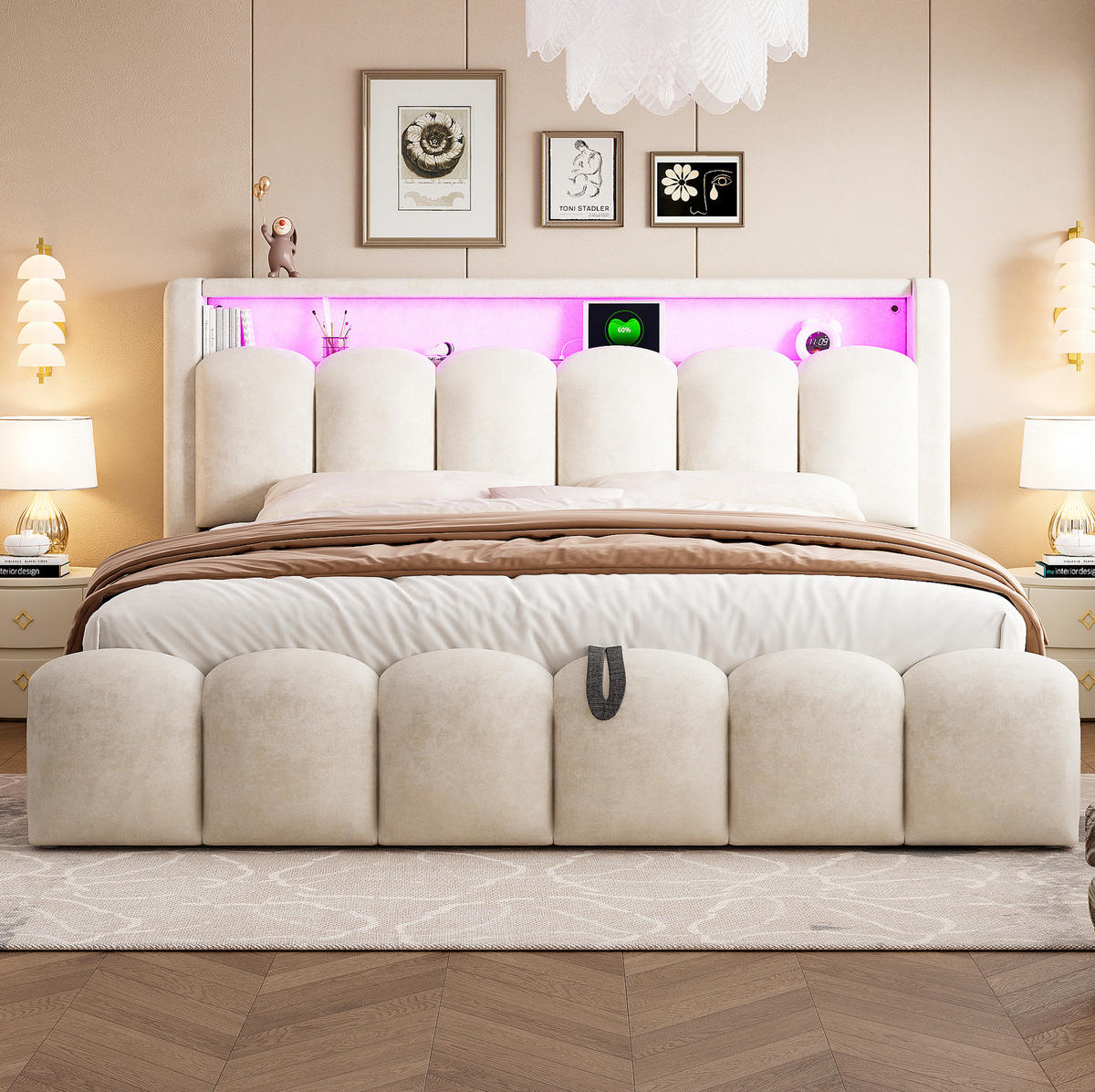 POLSTERBETT 180/200 cm aus Samt mit LED, USB-, Typ-C-Anschluss und hydraulischem Bettkasten, Beige - Beige, Textil (180/200cm) - Redom