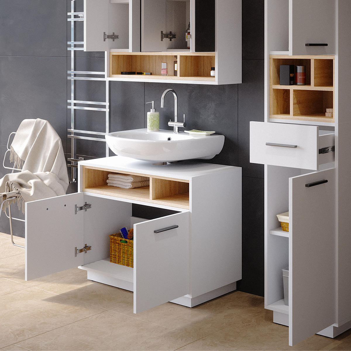 WASCHBECKENUNTERSCHRANK Beatrice Weiß 80 x 64 cm - Weiß, Holzwerkstoff (80/64/40cm) - Vicco