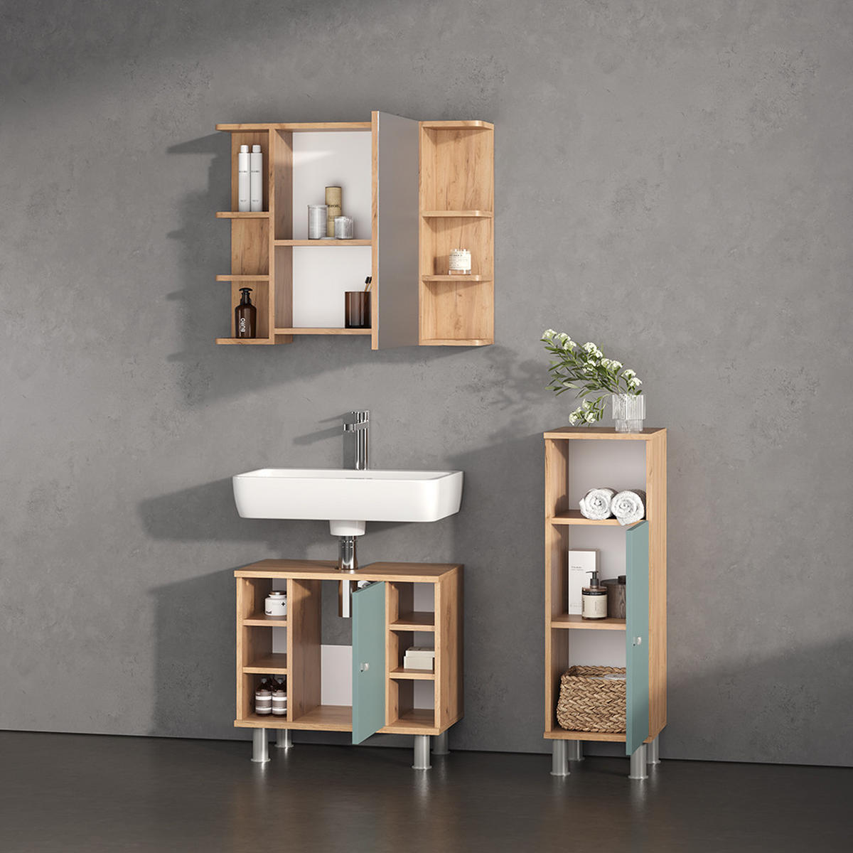 BADMÖBEL-SET Fucino Grün 3 Teile, mit Midischrank - Eiche Wotan/Grün, Holzwerkstoff (60/54/32cm) - Livinity®