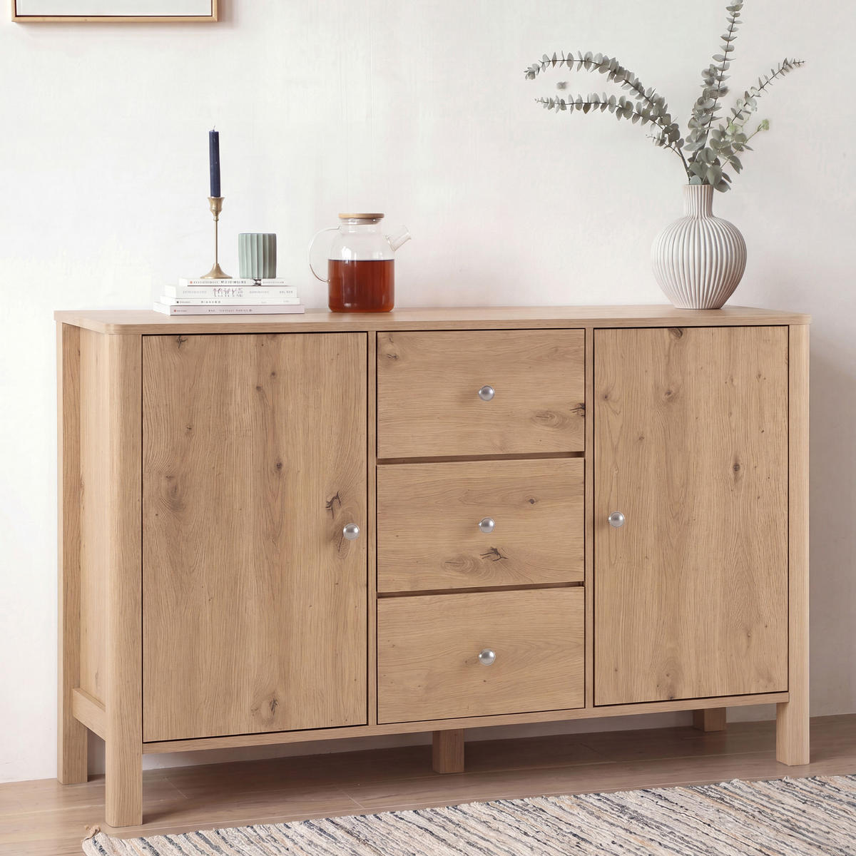 SIDEBOARD DE-38869 120/40/80 cm 3 Schubladen und 2 Türen Eiche - Eichefarben, Holzwerkstoff (120/80/40cm) - ComfortXL