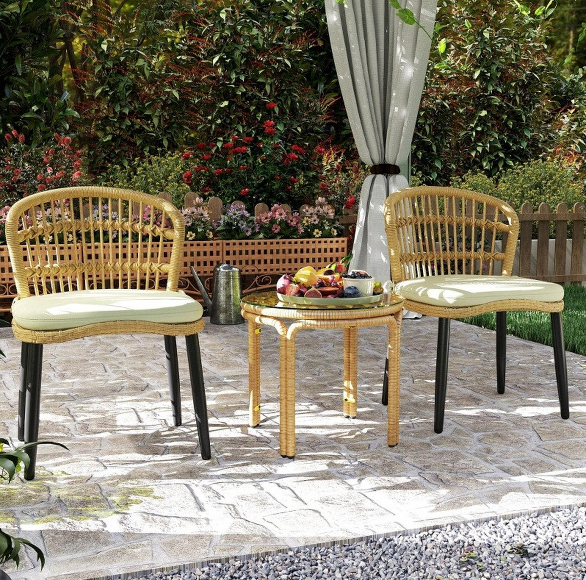 GARTENTISCH aus Rattan Ø50 x 44 cm Gelb mit Sicherheitsglasplatte - Gelb, Glas (50/50/44cm) - Modfu
