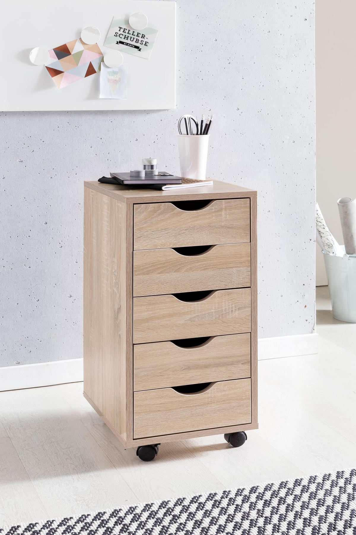 ROLLCONTAINER – MDF-Holz, Sonoma, 5 Schubladen, Rollen, für Büro oder Wohnzimmer - Beige/Schwarz, Holz/Kunststoff (38/64/33cm) - KADIMA DESIGN