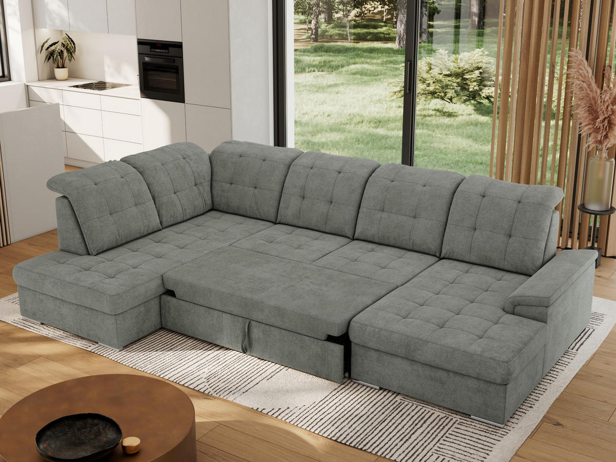 WOHNLANDSCHAFT MADRITO U - Grau Struktur - Links - Silberfarben/Grau, Textil/Metall (204/89/323cm) - MKS
