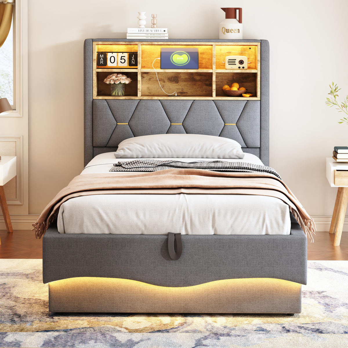 KINDERBETT 90/200 cm Grau mit hydraulischem Stauraum und LED-Beleuchtung - Grau, Metall (90/200cm) - OKWISH