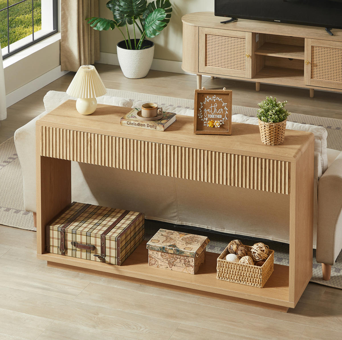 KONSOLENTISCH aus Spanplatte und MDF 150x35x85 cm Natur mit 2 Schubladen und offenem Fach - Naturfarben, Holzwerkstoff (150/35/85cm) - IVMEU