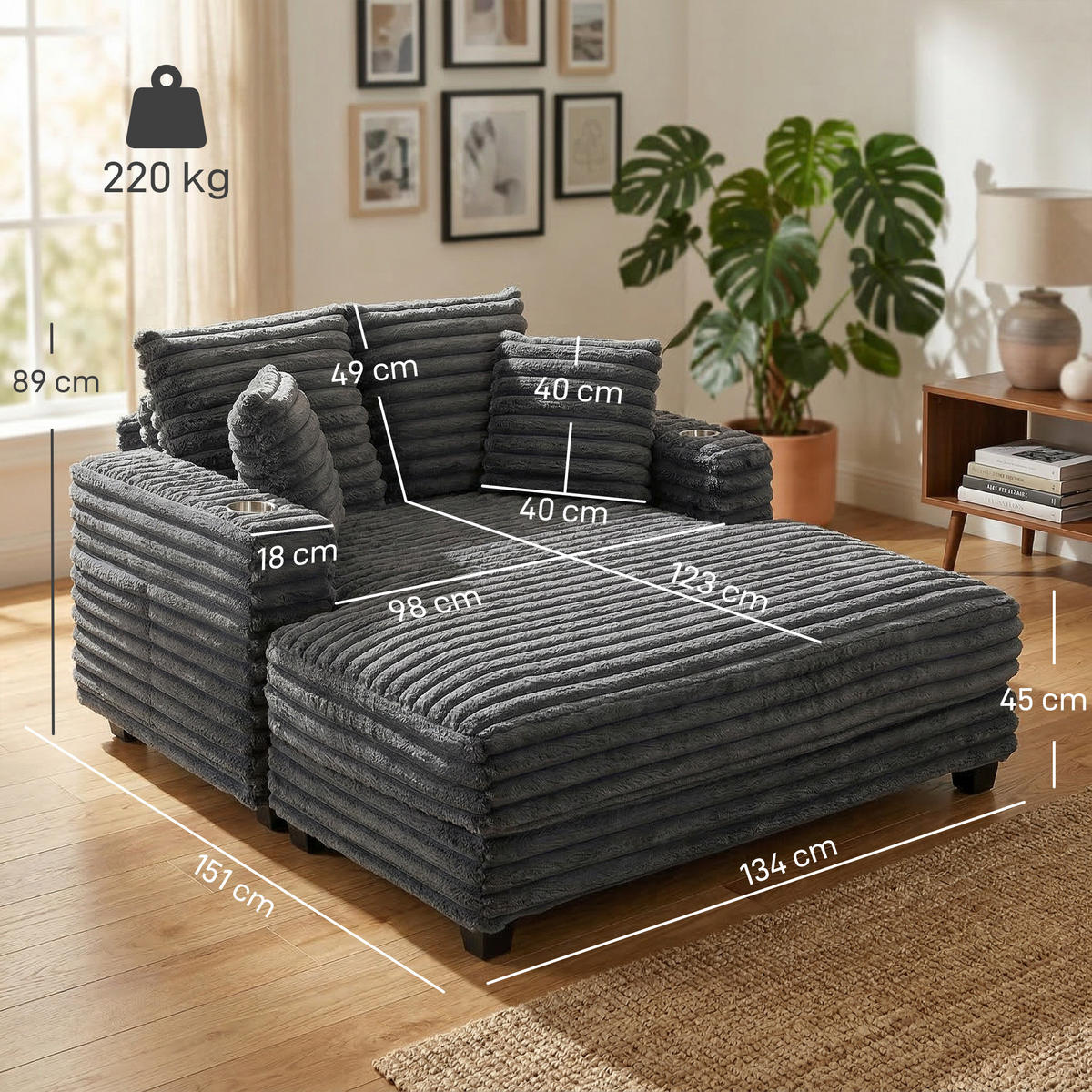 CHAISELONGUE 2 SITZER DE-06570 Großes Schlafsofa mit Becherhalter Grau - Grau, Holz/Textil (134/89/151cm) - ComfortXL