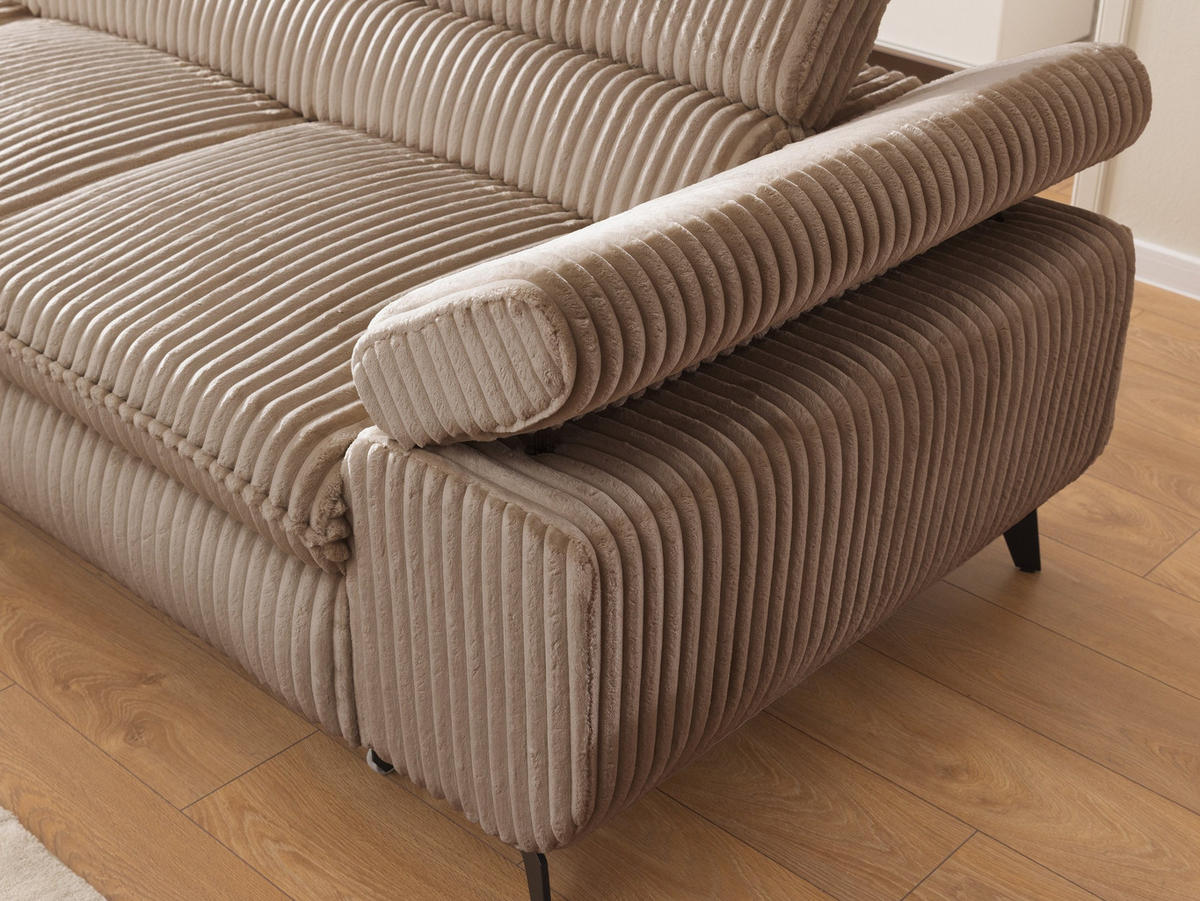 ECKSOFA mit Schlaffunktion und Bettkasten Bonnie aus Beige Cord-Stoff mit verstellbaren Kopfstützen und Armlehne - Ottomane links - Ecru/Beige, Holz/Textil (275/210cm) - S-Style Möbel