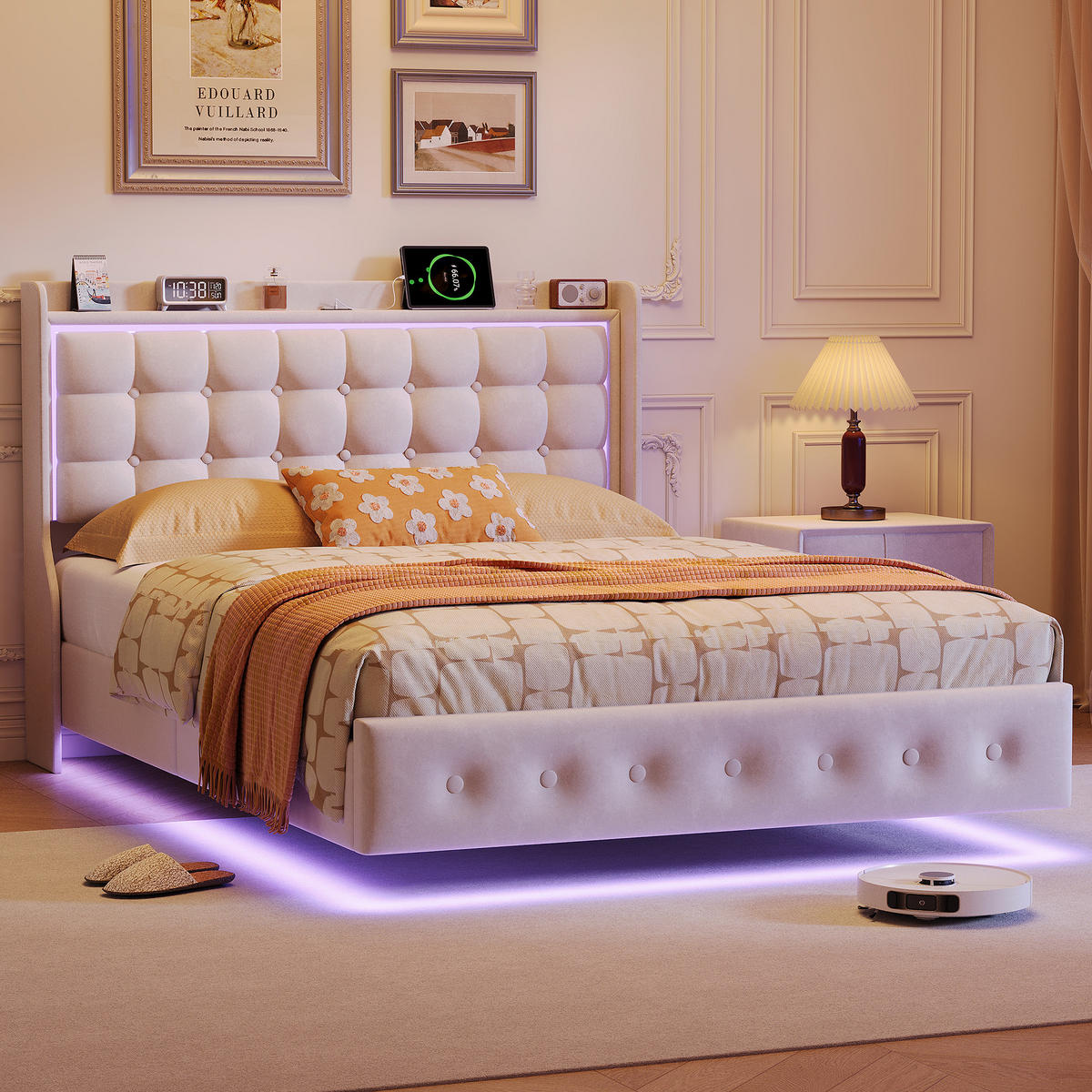 POLSTERBETT 140x200 cm Schwebebett mit LED & USB, Samtstoff Beige Doppelbett mit Lattenrost - Beige, Metall (140/200cm) - EuroLiving