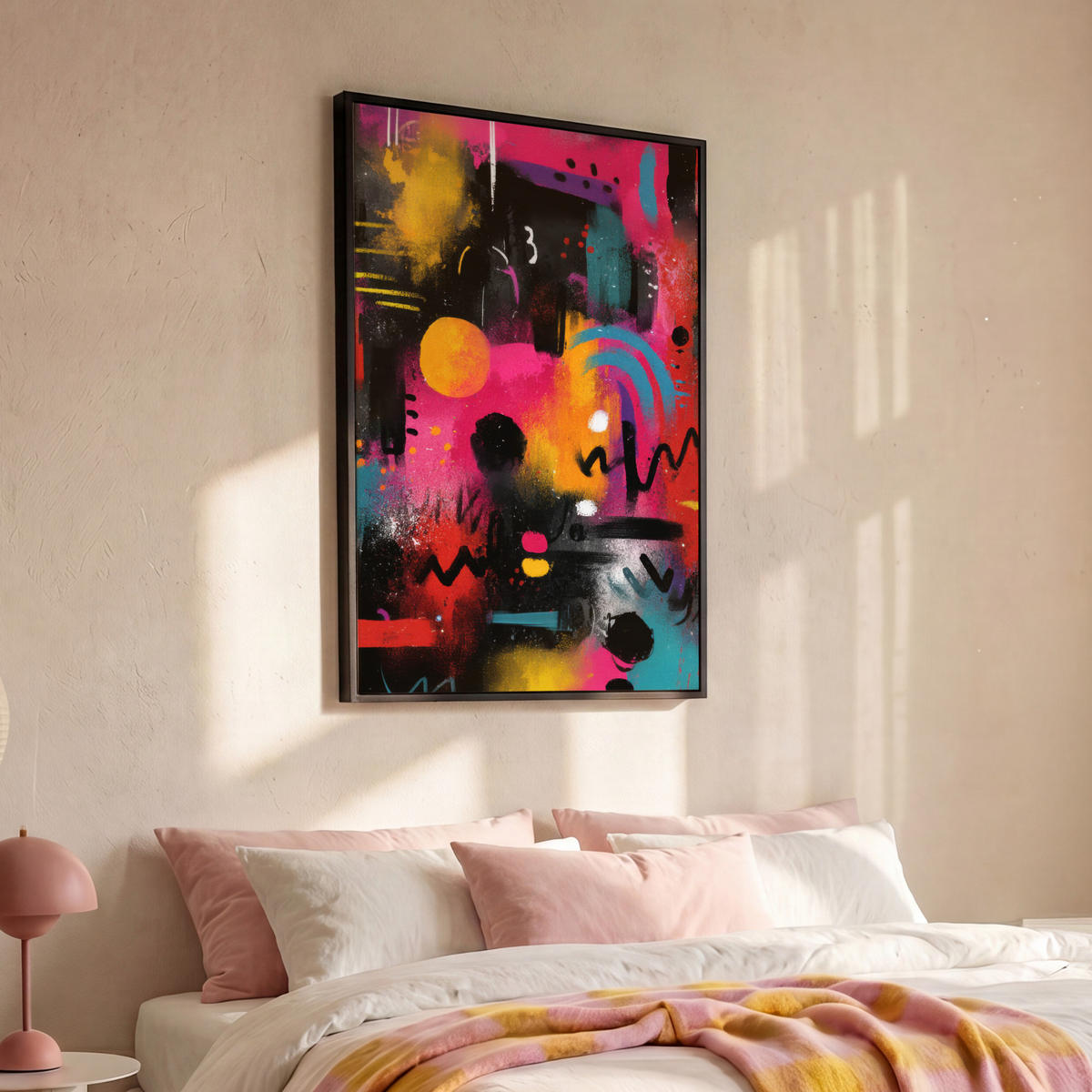 LEINWAND Bilder mit Rahmen - Farbflächen - Formen - Bunt - Abstrakt - 90x140 - Pink, Textil (90/140cm) - MuchoWow