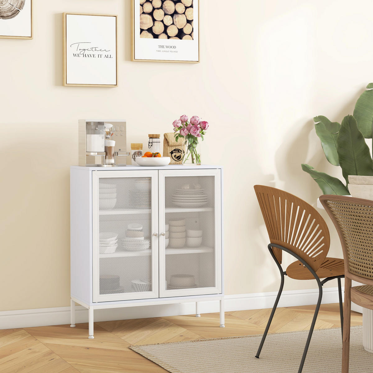 SIDEBOARD DE-11088 3 Ebenen, 2 Gittertüren & verstellbarer Boden Weiß - Weiß, Holzwerkstoff (37/92/80cm) - ComfortXL
