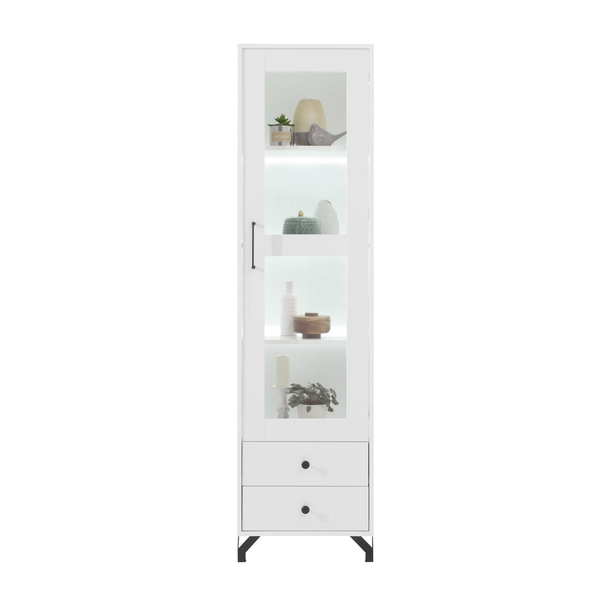 VITRINE Bero mit 1 Tür und 2 Schubladen - Schwarz/Weiß, Holzwerkstoff/Metall (50/190/40cm) - Beautysofa