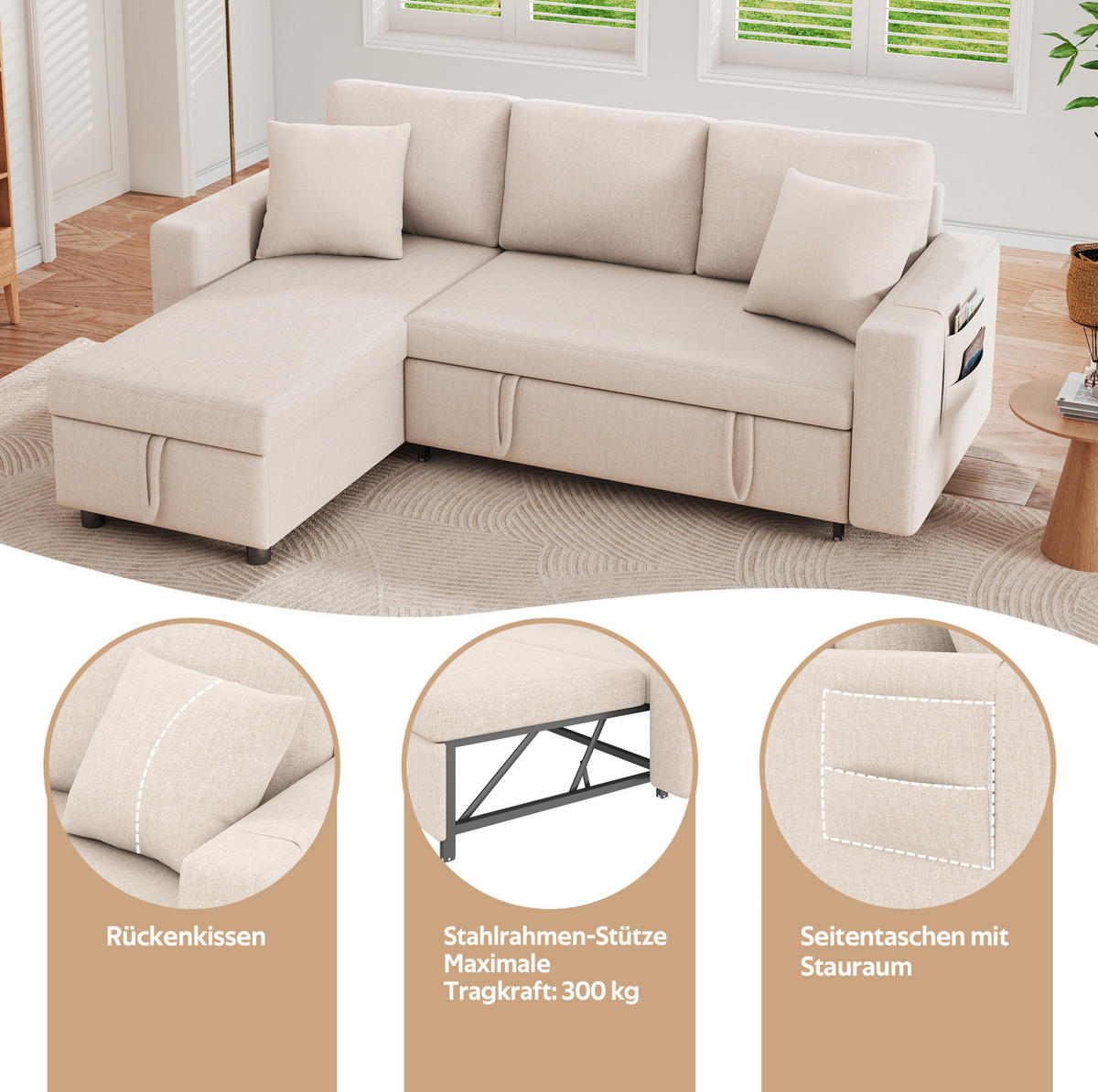 SCHLAFSOFA 219,5/142,5/83 cm in Beige – mit Stauraum und wechselbarer Chaiselongue - Beige, Textil (83/219.5/142.5cm) - BEAOK