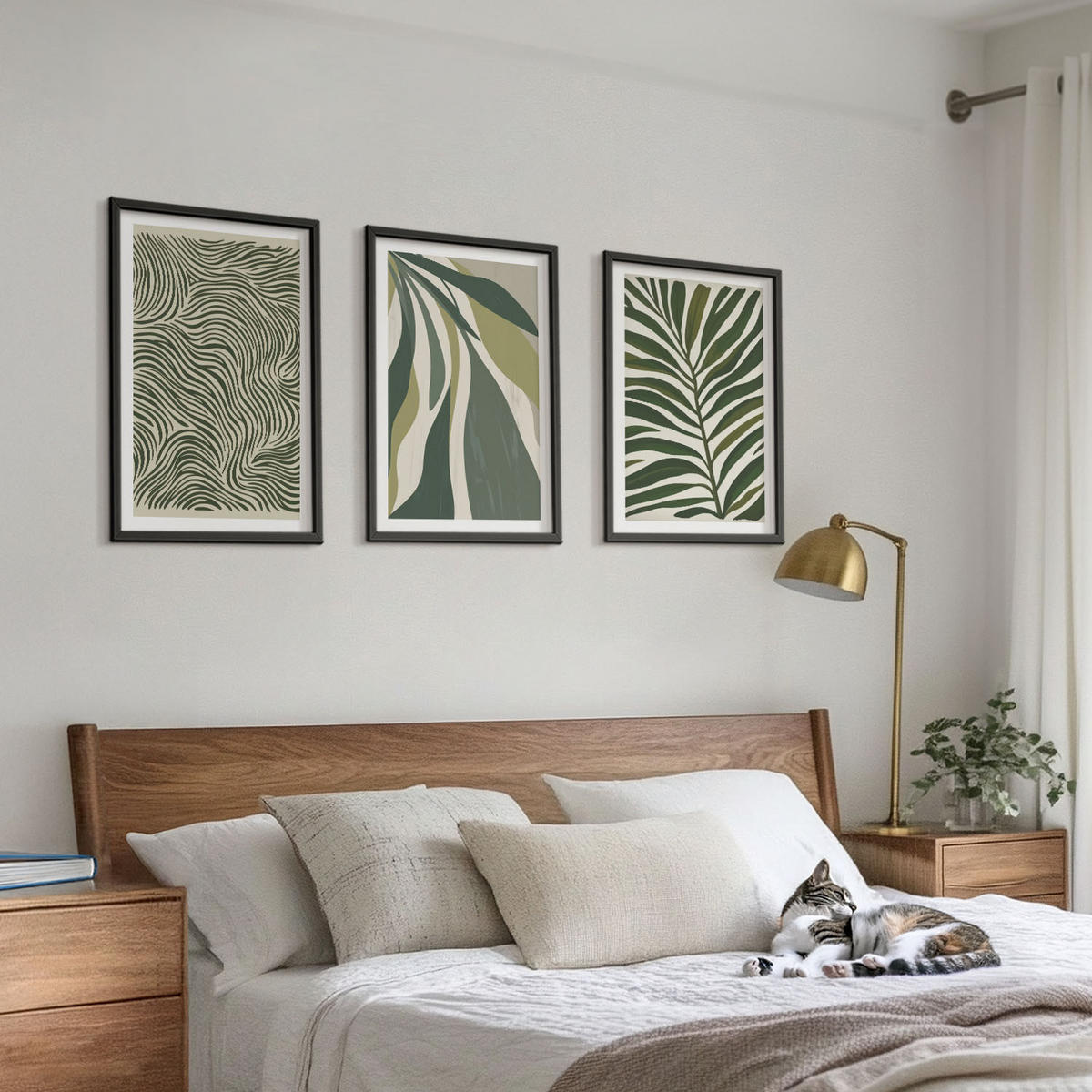 BILDER SET 3er Set - 40x60 cm Schwarzer Rahmen - Blätter mit wellenförmigen grünen Linien - Schwarz, Kunststoff (40/60cm) - TULUP