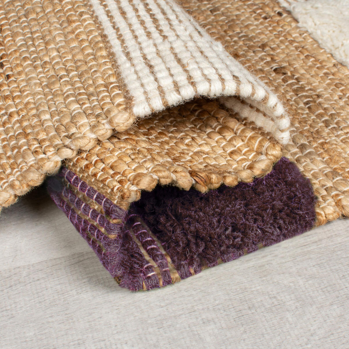 TEPPICH Hoch-Tief Struktur Gestreift, Patchwork-Optik, mit Fransen wendbar, Esszimmer schmutzabweisend Natur-Lila Rechteckig 160x230 - Lila, Textil (230/160cm) - KADIMA DESIGN