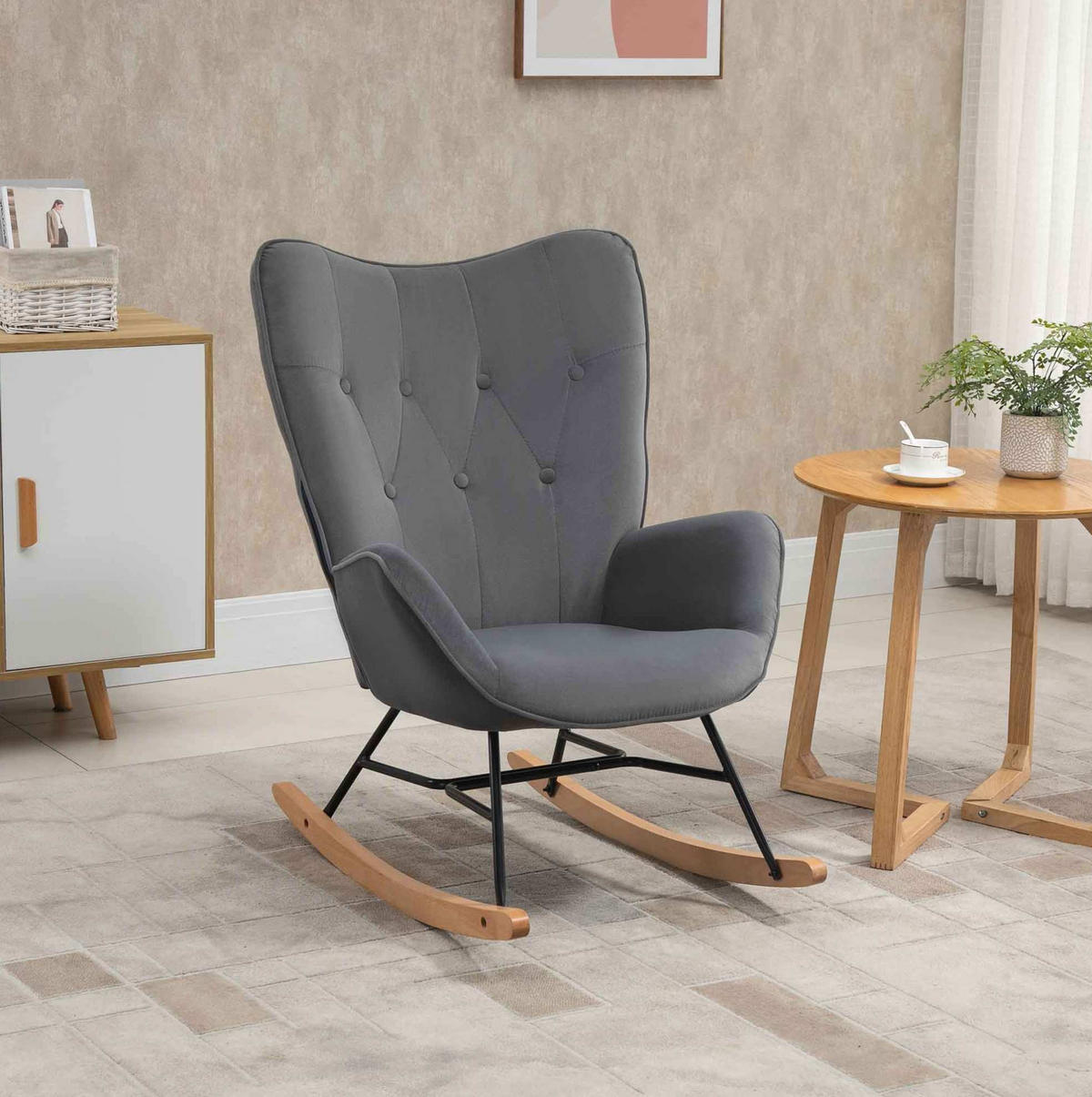 SESSEL 65/70/96 cm, Schaukelstuhl mit hoher Rückenlehne, gepolstert, Samtoptik, dunkelgrau - Dunkelgrau, Kunststoff (70/96/65cm) - Redom