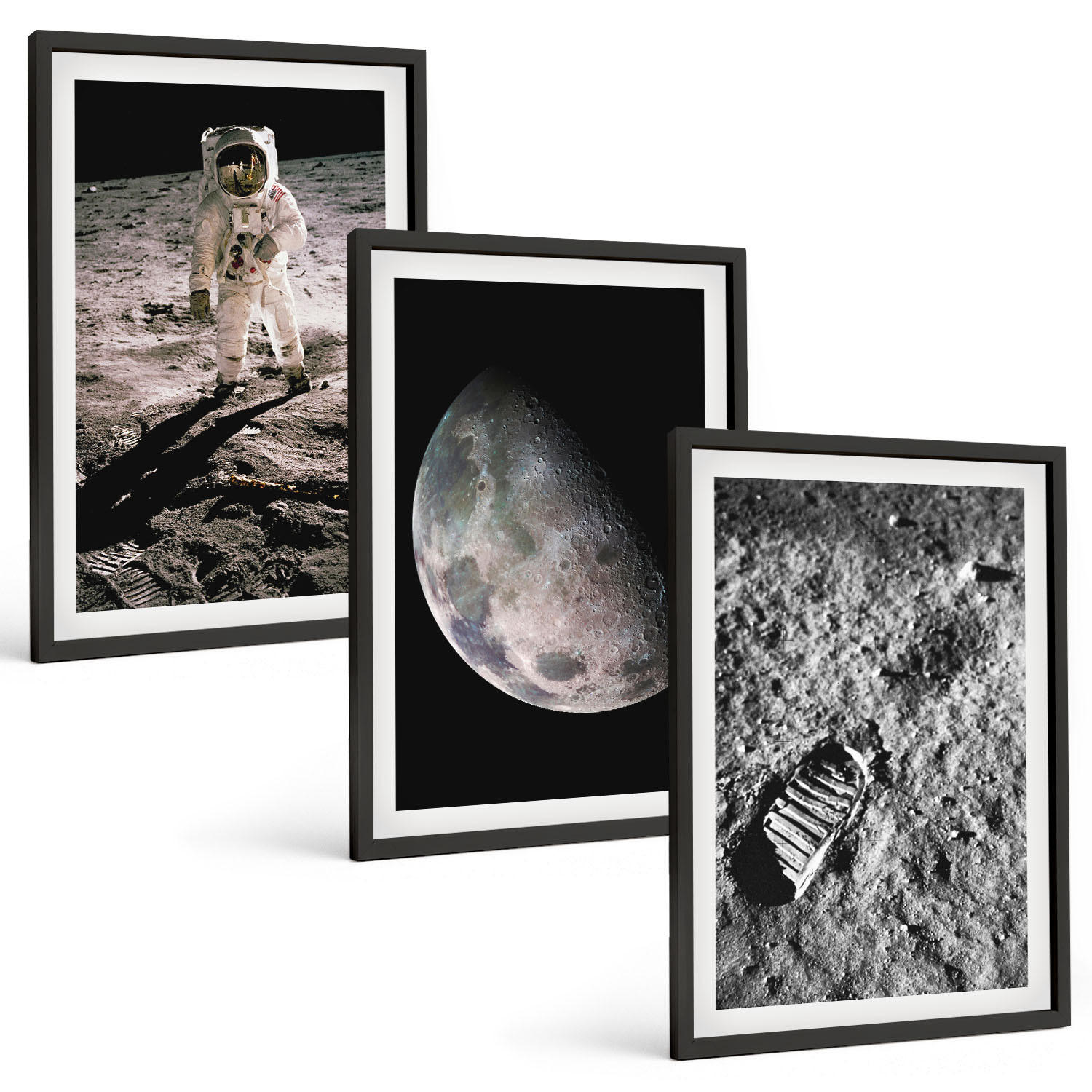 BILDER SET 3er Set - 40x60 cm Schwarzer Rahmen - Astronautenfoto vom Mond - Schwarz, Kunststoff (40/60cm) - TULUP