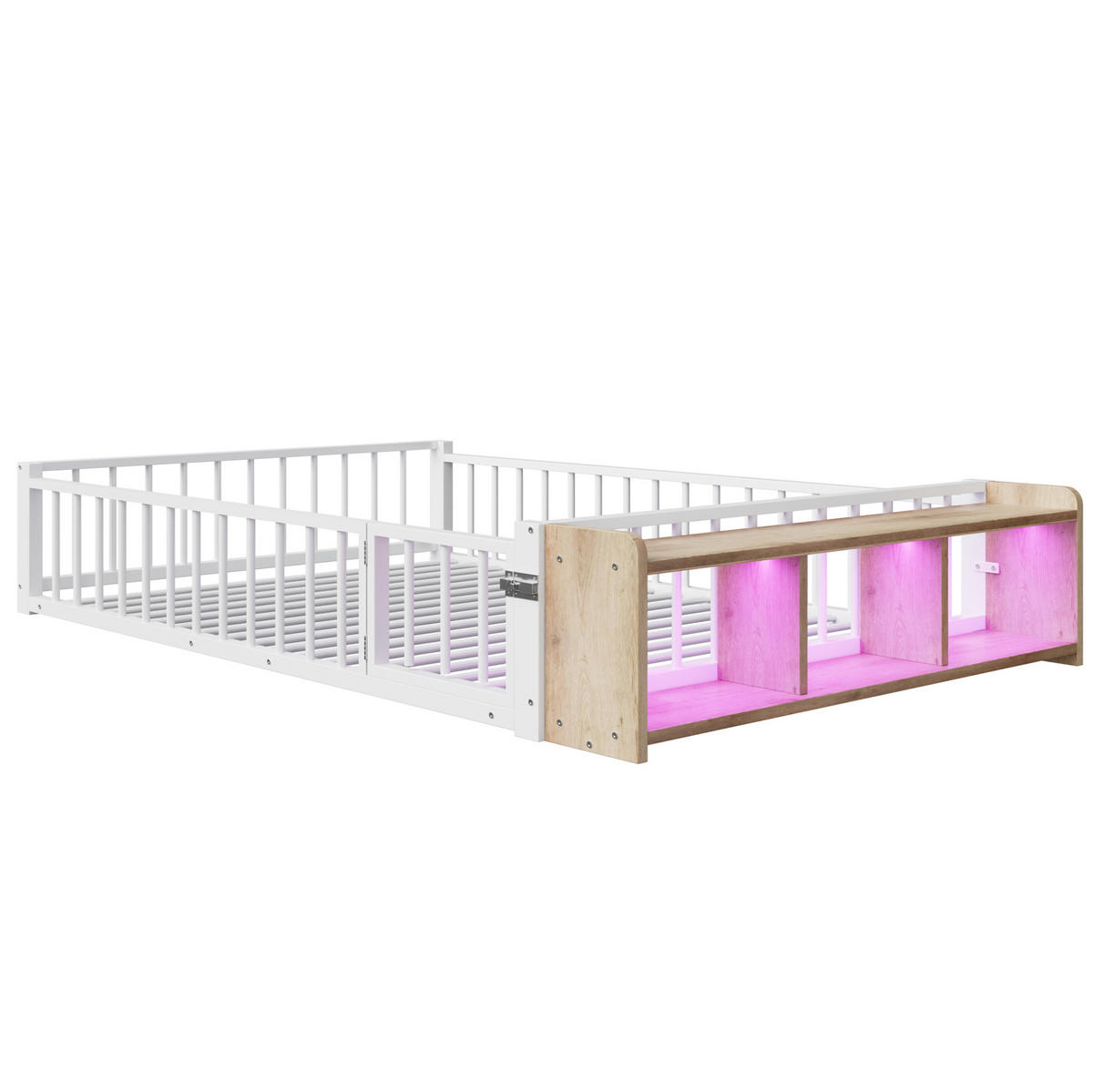 DETSKÁ posteľ 140/200 cm biela s ochranným zábradlím, úložným priestorom a LED osvetlením z kovu a MDF - biela, kompozitné drevo (140/200cm) - OKWISH