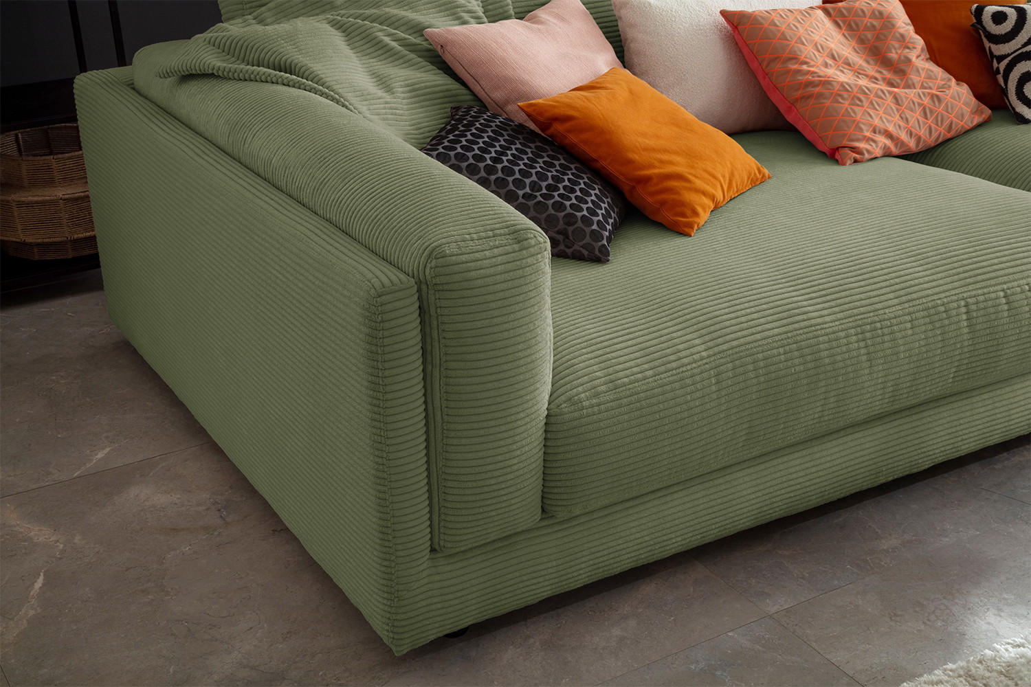 BIG SOFA RAINA Grün Cord - Schwarz/Olivgrün, Kunststoff/Textil (294/85/150cm) - KAWOLA