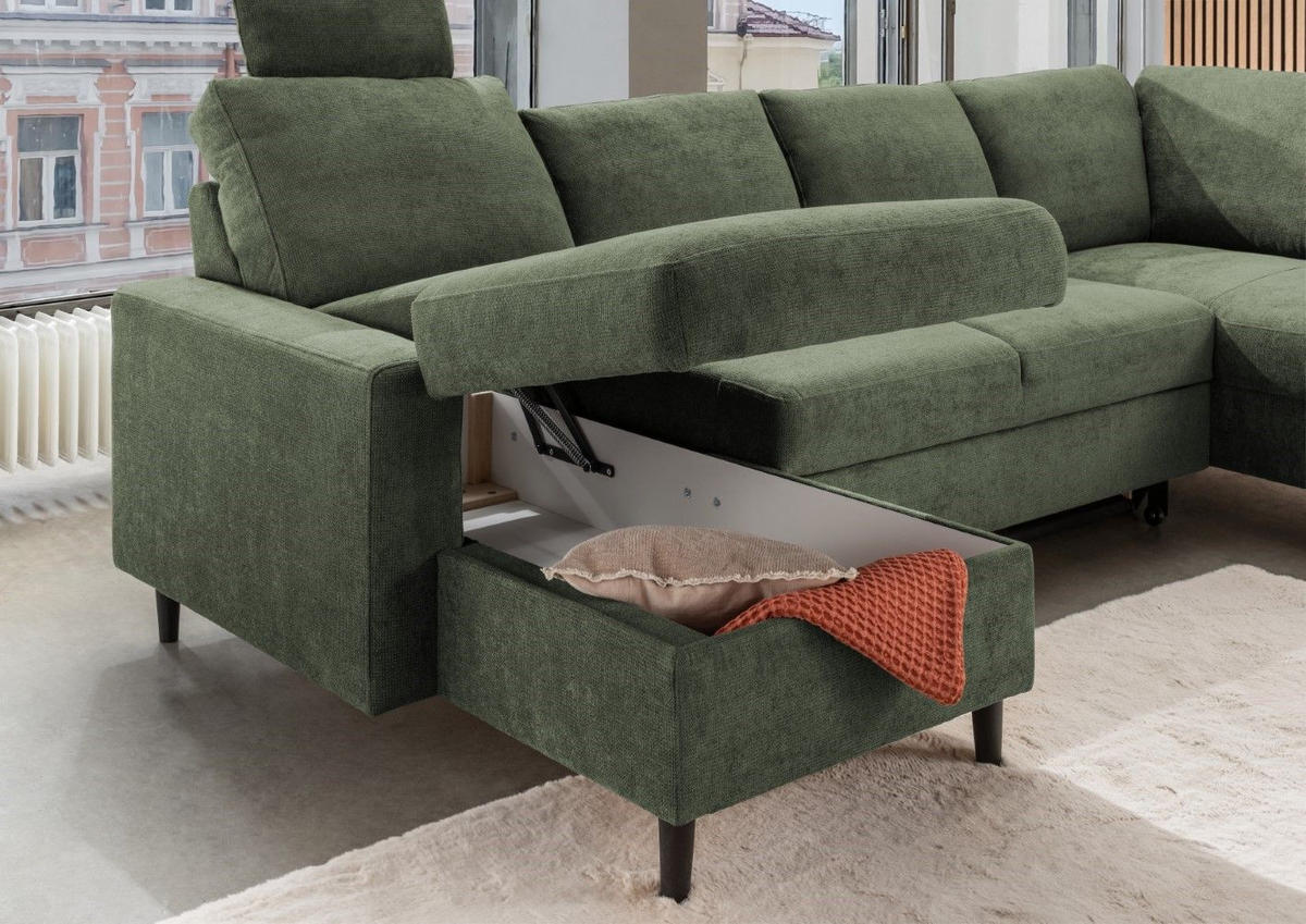 WOHNLANDSCHAFT mit Schlaffunktion und Bettkasten - Dunkelgrün/Schwarz, Kunststoff/Textil (200/88/305cm) - myHomelando