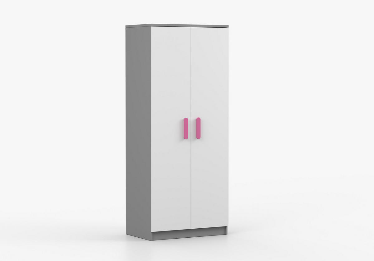 JUGENDZIMMER Elora in Grau und Weiß – 4-teiliges Set mit Schreibtisch, Kommode, Wandregal und Schrank – Grifffarbe Rosa - Grau, Holzwerkstoff (80/200/120cm)