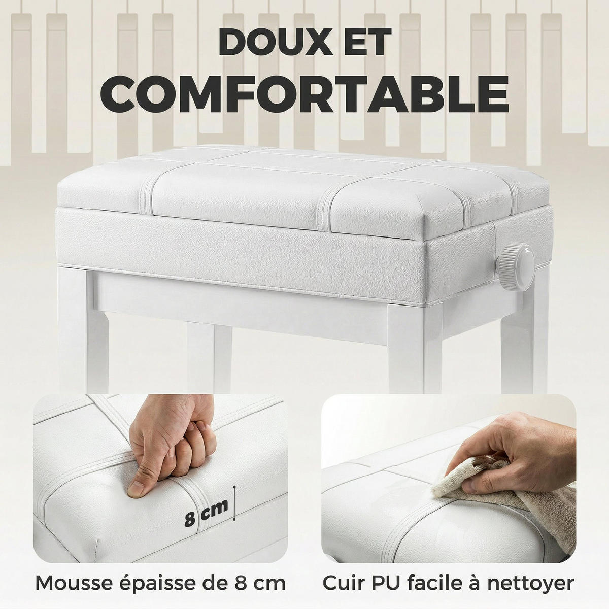 HOCKER DE-16462 höhenverstellbar mit integriertem Fach Weiß - Weiß, Leder (35/56/63cm) - ComfortXL