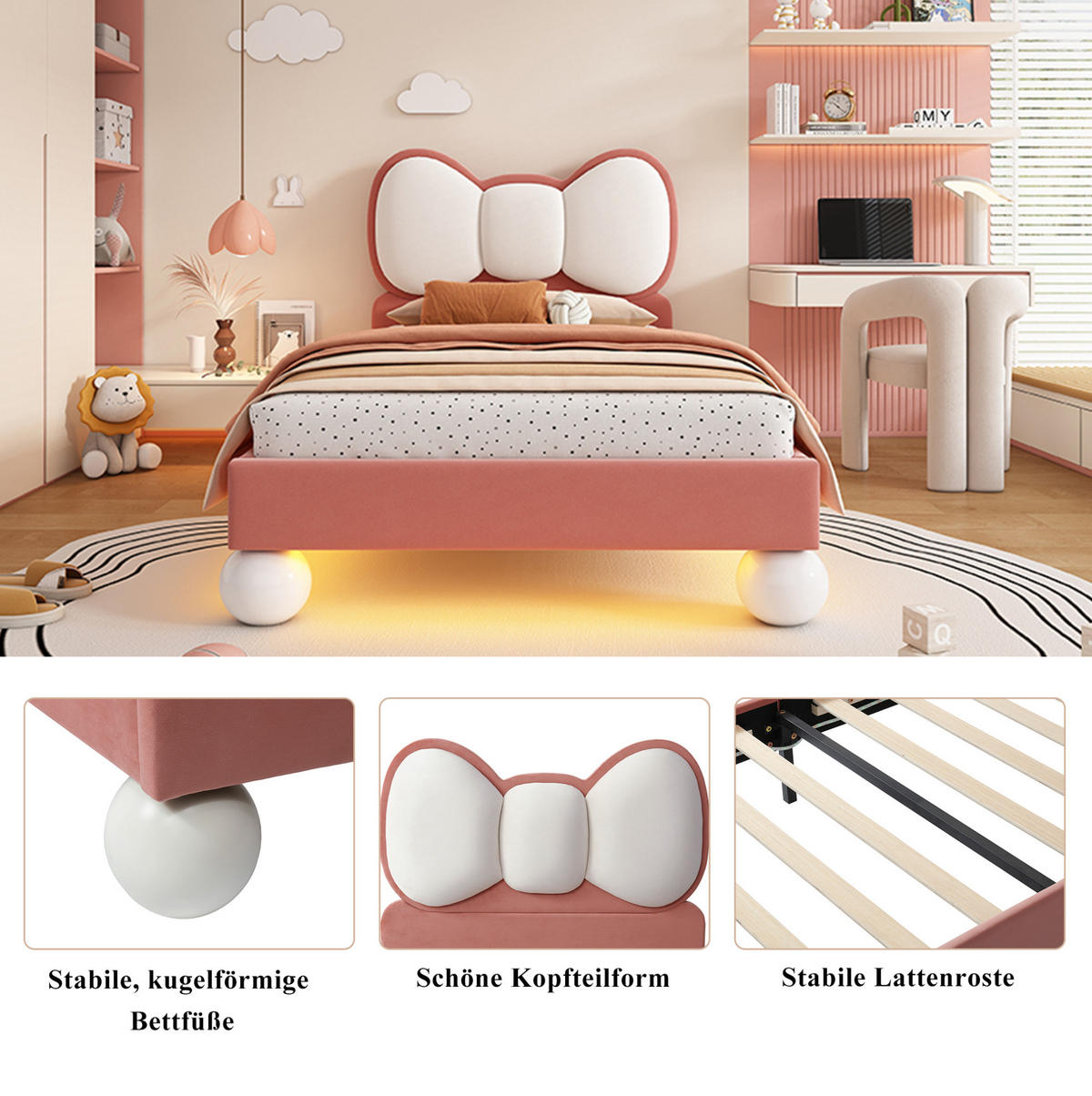 KINDERBETT 90/200 cm aus Samt mit LED-Beleuchtung in Beige und Rosa - Rosa, Textil (90/200cm) - Flora Grace