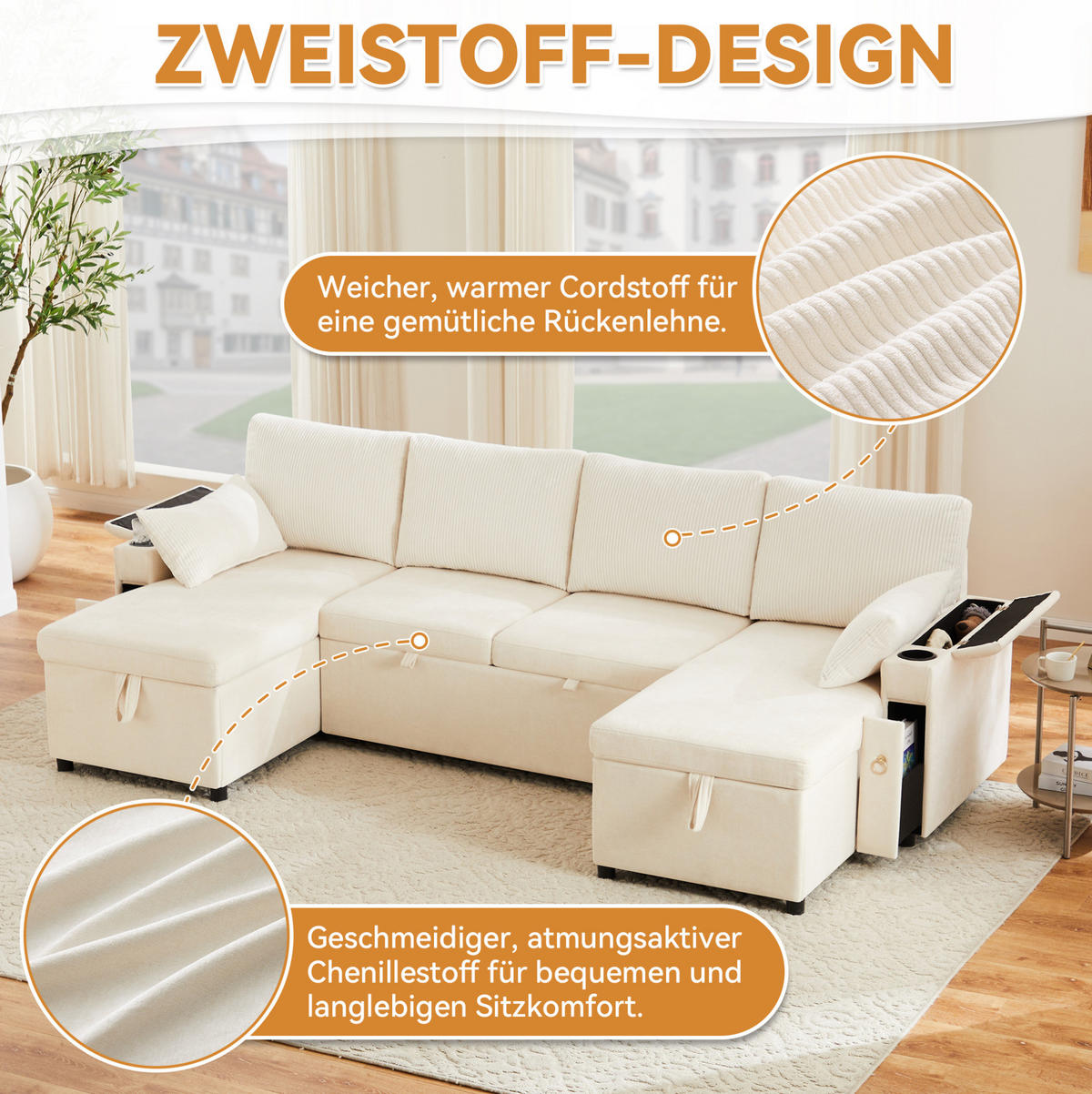 SCHLAFSOFA aus Chenille & Cord 272x131x84 cm in Beige mit Stauraum - Beige, Textil (272/84/131cm) - Modfu