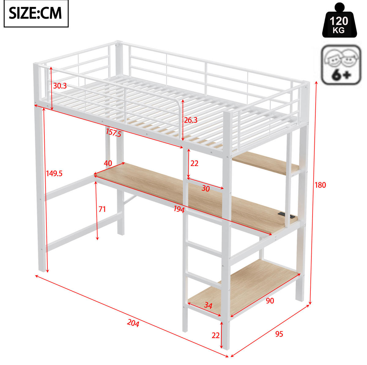 HOCHBETT 90/200 cm Weiß aus Metall mit Schreibtisch - Weiß, Metall (90/200cm) - OKMYHOME