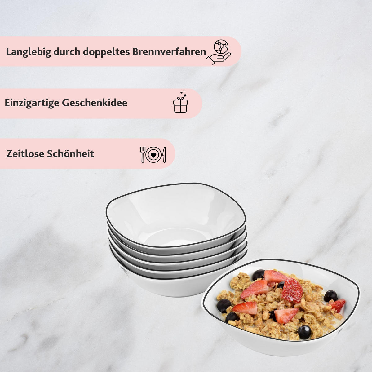 MÜSLISCHALEN SET BILGOLA BLACK RIM - 6 teilig aus Porzellan - Weiß, Keramik (15cm) - Sänger