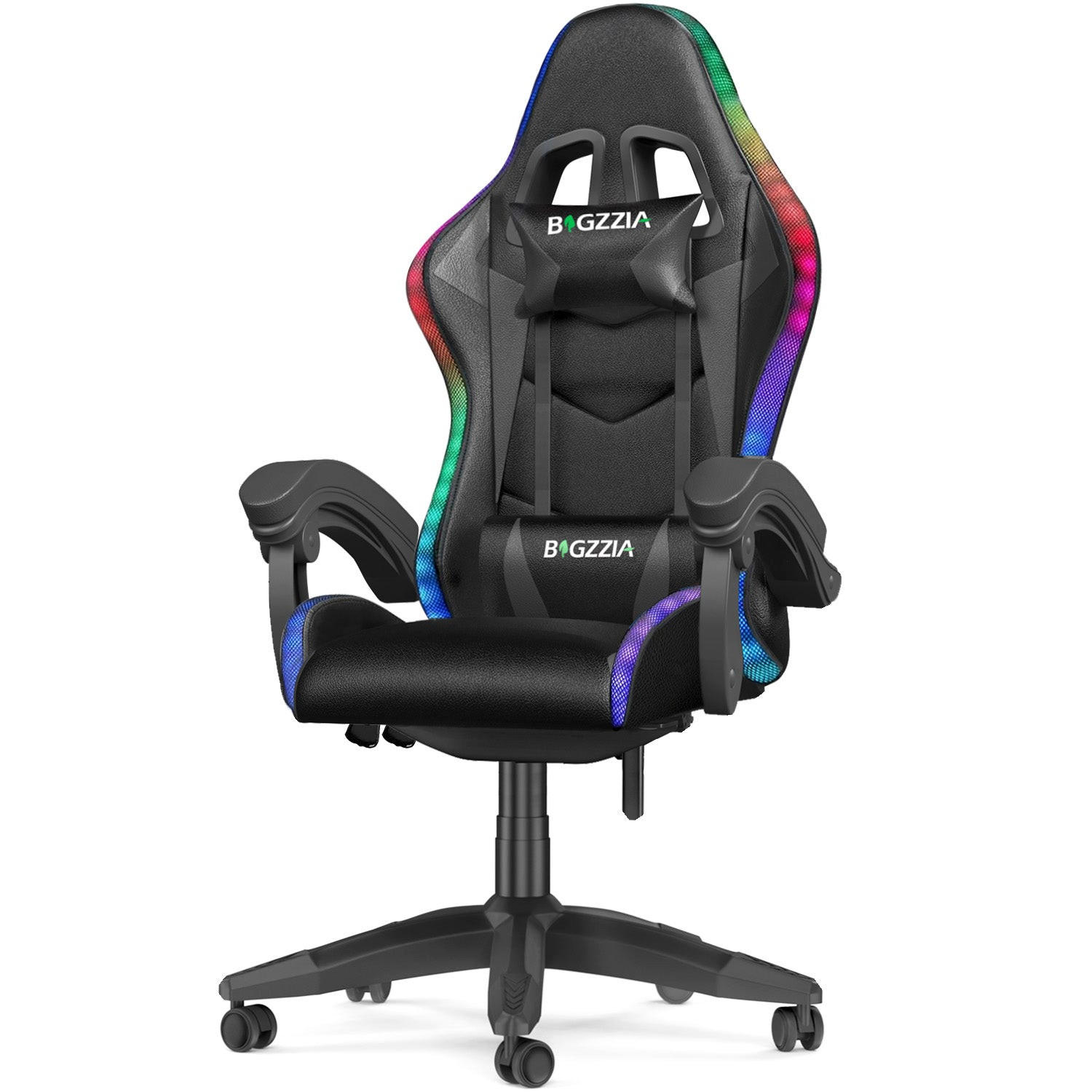 GAMING-STUHL LED, höhenverstellbar, Lenden- & Kopfstütze – Schwarz - Schwarz, Leder (53.5/117/54cm) - Rattantree