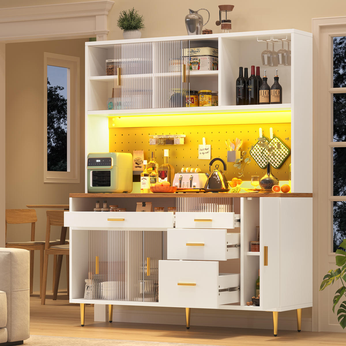 BUFFET 145/39/171 cm weiß aus MDF und Glas mit LED - Weiß, Glas (145/171/24cm) - OKWISH