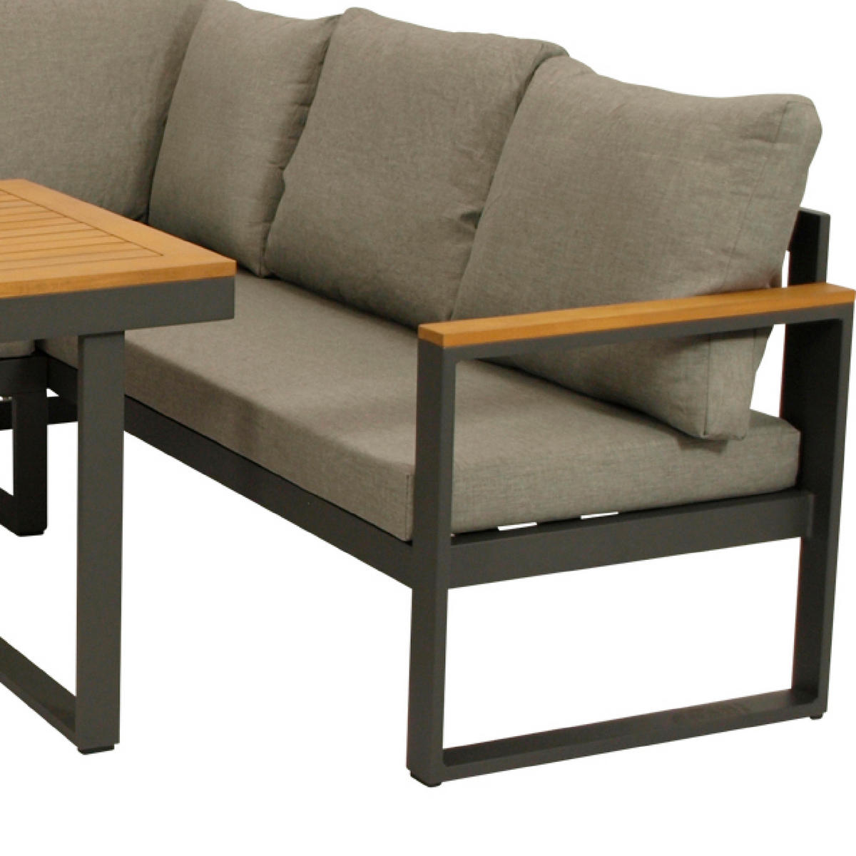 ECK-DININGSET Crawley (1x 3-sitzer Bank 187x65x71cm, 1x 3-sitzer Lounge mit Liegefunktion 187x65x71cm, 1x Tisch 140x70cm Tischplatte Akazie - Grau, Metall - TPFGarden