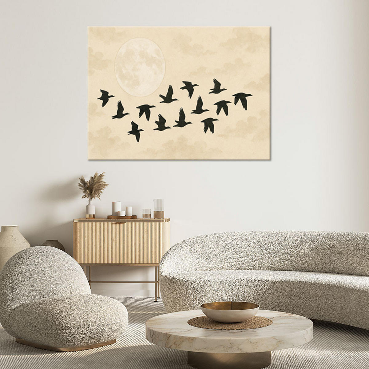 LEINWANDBILD Vögel Mond Aquarell Beige 120x80cm - Beige, Textil (120/80cm) - Feeby