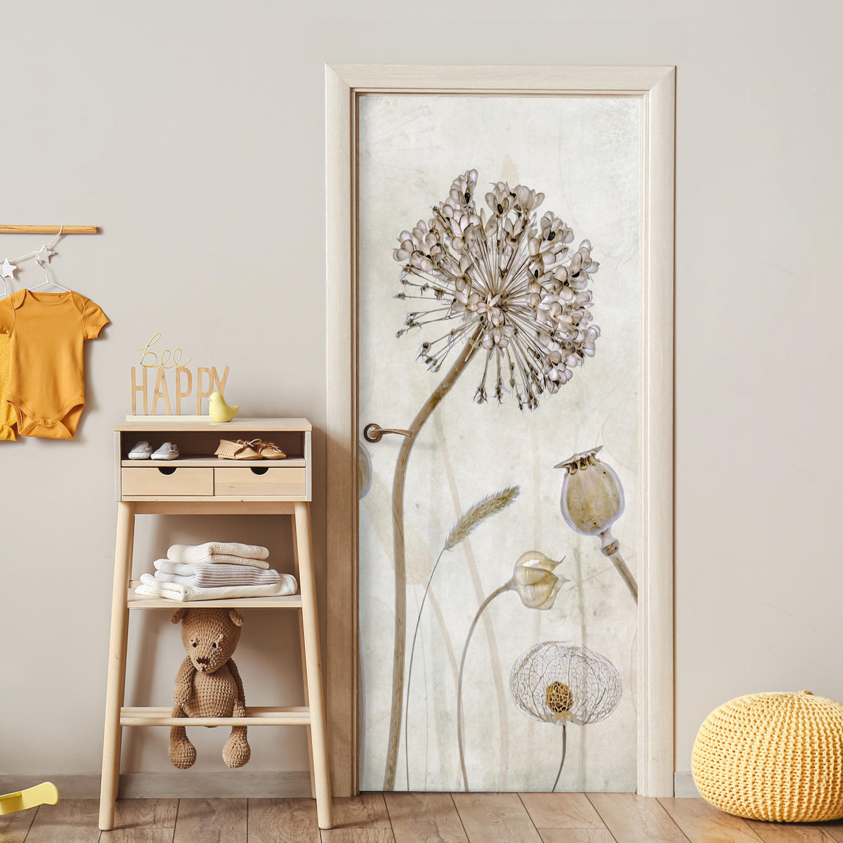 FOTOTAPETE Tür - Blumen - Aquarell - Stilleben - Braun - Vintage 90x205 cm - Ecru, Kunststoff (90/0.1cm) - MuchoWow