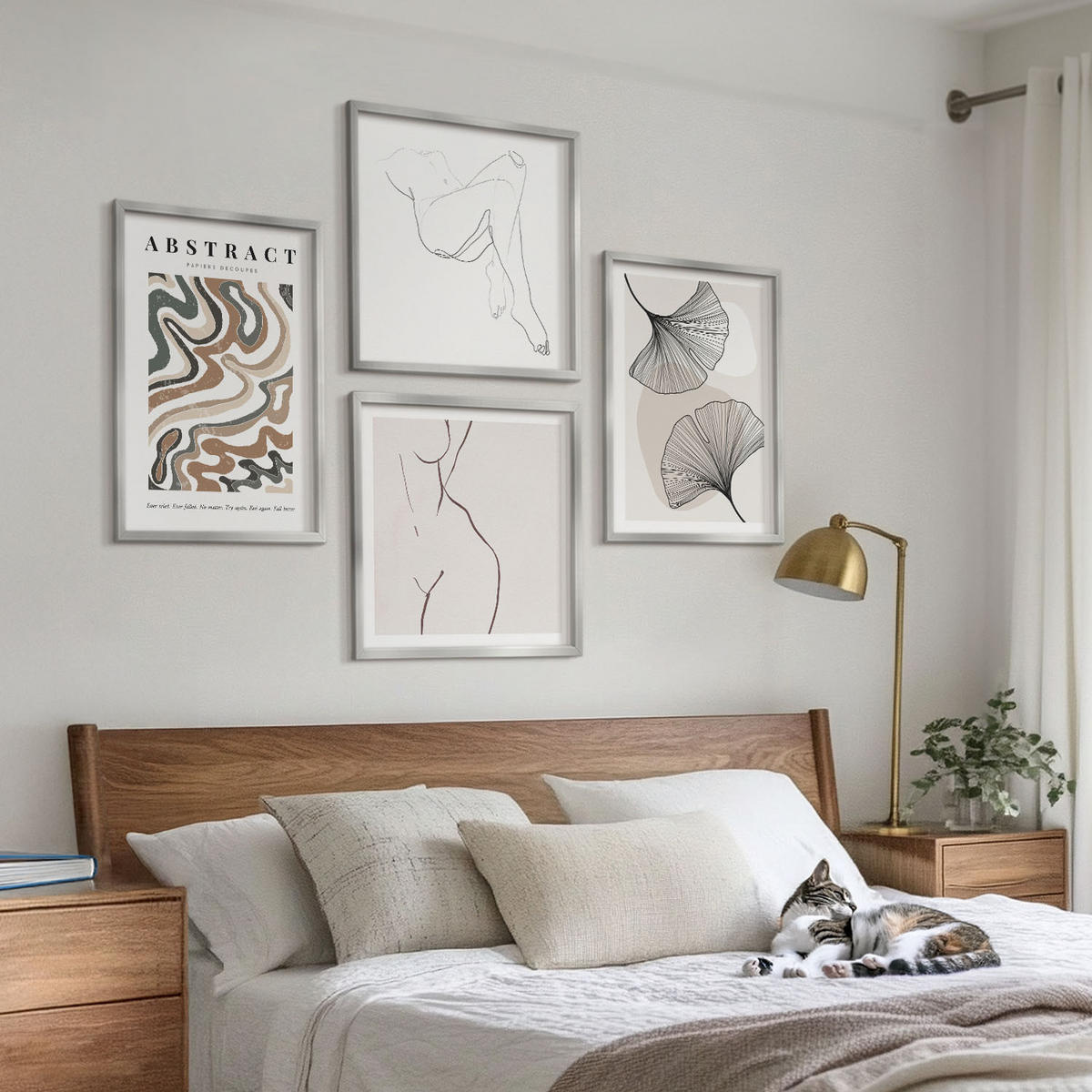 WANDBILDER 4er Set - 50x50 cm & 40x60 cm Silberner Rahmen - Abstrakte Boho-Blattformen - Silberfarben, Kunststoff (50/50cm) - ArtPrintCave
