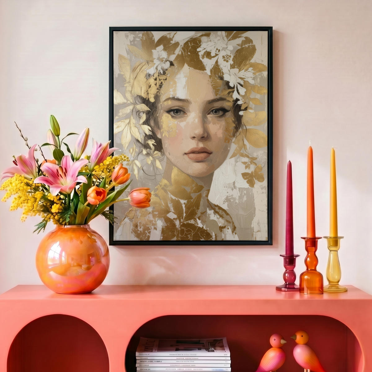 LEINWAND Bilder mit Rahmen - Gesicht - Frau - Blätter - Gold - 30x40 - Beige, Textil (30/40cm) - MuchoWow