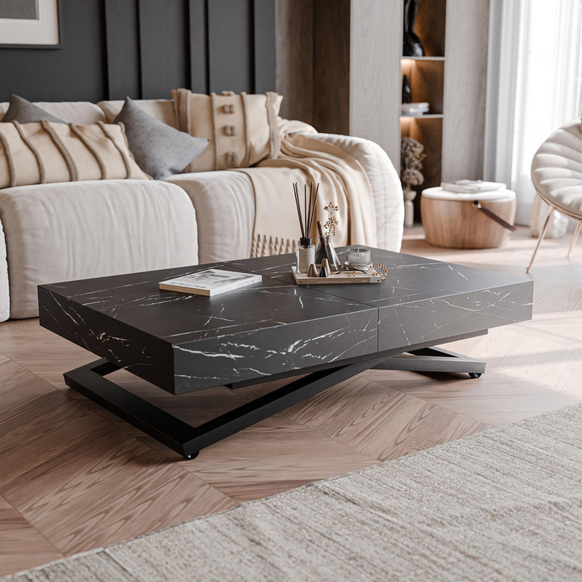 COUCHTISCH SANELLE ausziehbar mit Liftfunktion, 120/80/76 cm Schwarz - Schwarz, Holzwerkstoff/Metall (120/80/27cm) - Idohome