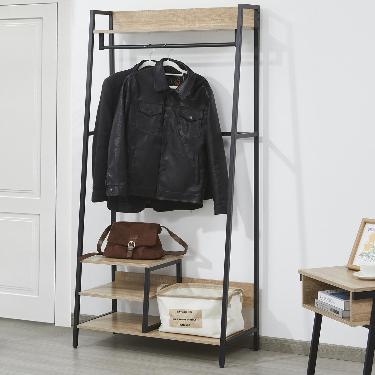 EINGANGSGARDEROBE FLORE /Gebleichte Eiche und schwarzes Metall - Schwarz, Metall (40/169/84cm) - Weber Industries