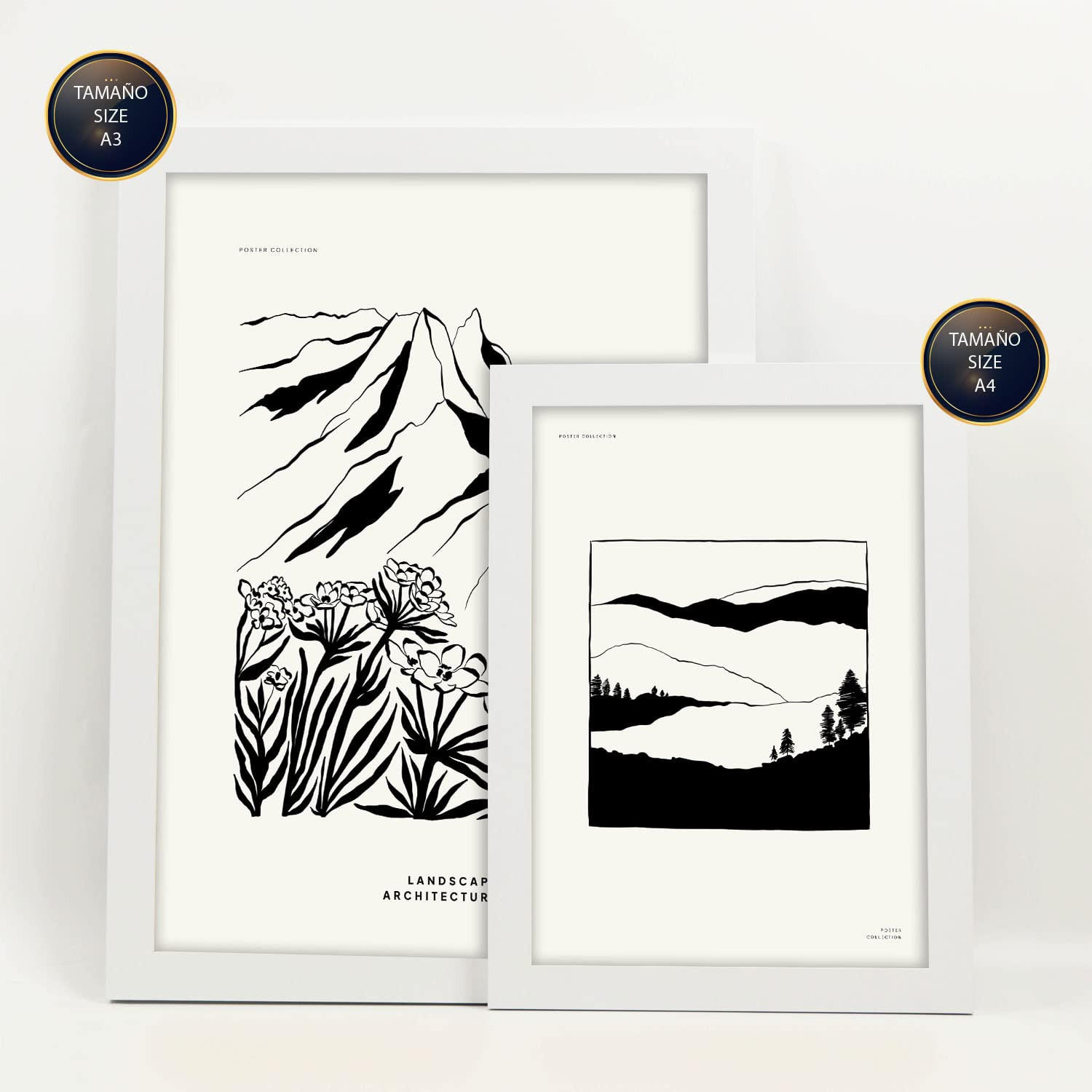 POSTER Set Mit 6 In Schwarzer Tinte Ecken Künstlerische Und Abstrakte Drucke Für Innenarchitektur A3 & A4 Weißer Rahmen - Weiß, Papier (29/3cm) - Nacnic