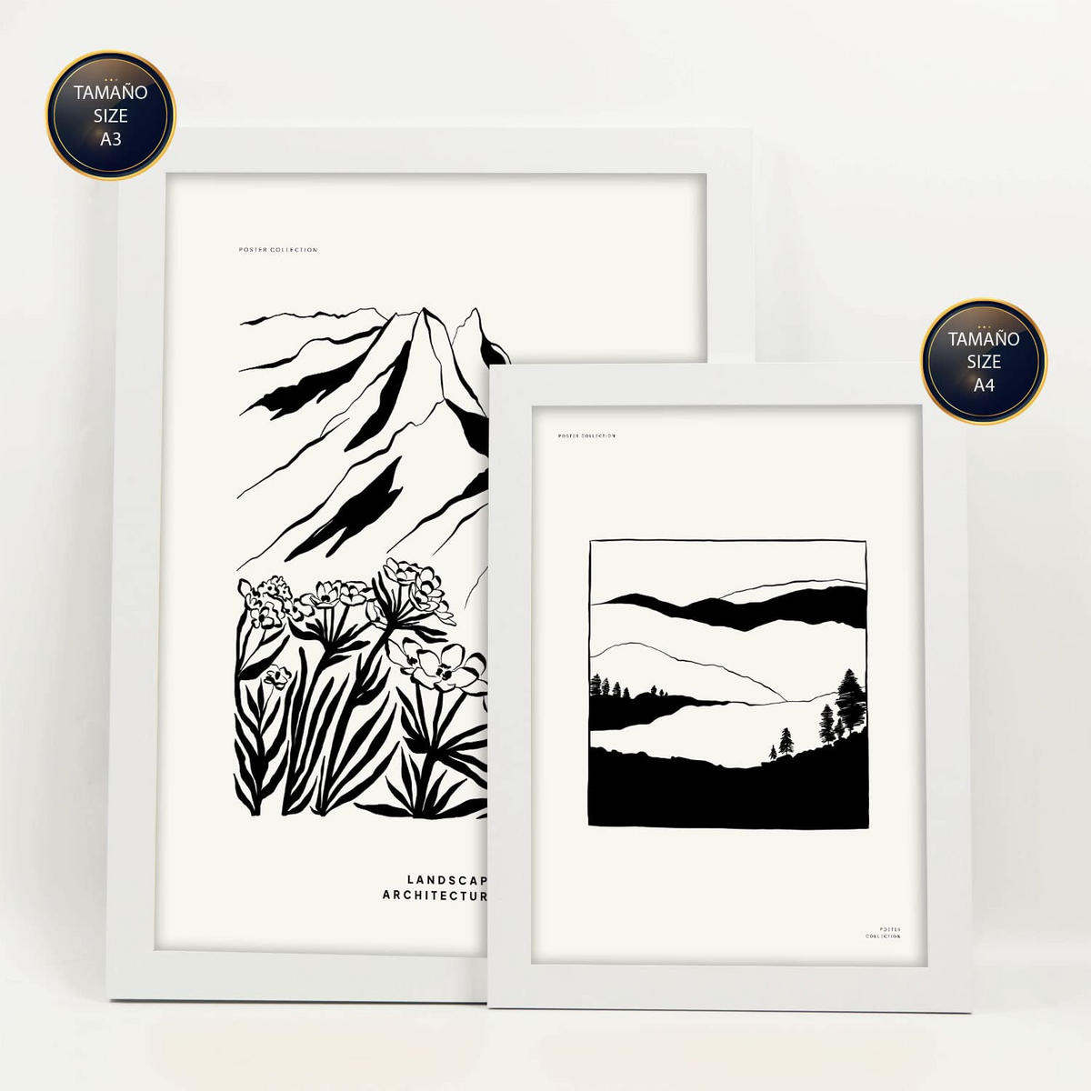 POSTER Set Mit 6 Schwarze Tintenecken Größe A3 & A4 Weißer Rahmen - Weiß, Papier (29.7/1cm) - Nacnic