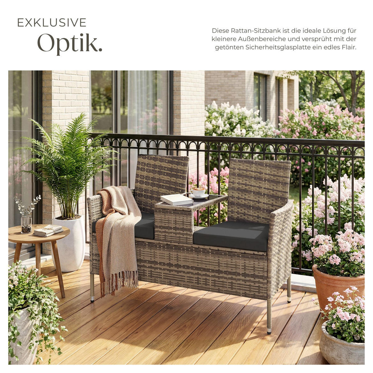 RATTAN GARTENSITZBANK Narbonne, 6 cm Sitzpolster, natur/dunkelgrau - Naturfarben, Kunststoff (61/82/131cm) - tectake
