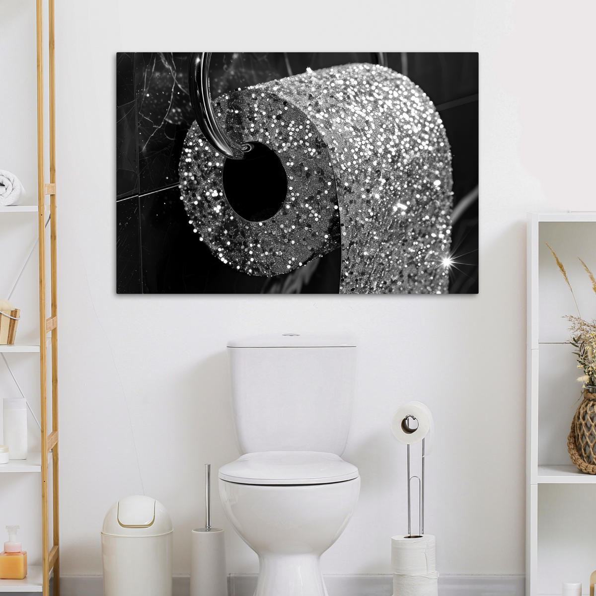 LEINWANDBILD WC - Toilettenpapier - Schwarz und weiß - Glitter Wohnzimmer 120x80 cm - Silberfarben, Textil (120/80cm) - MuchoWow