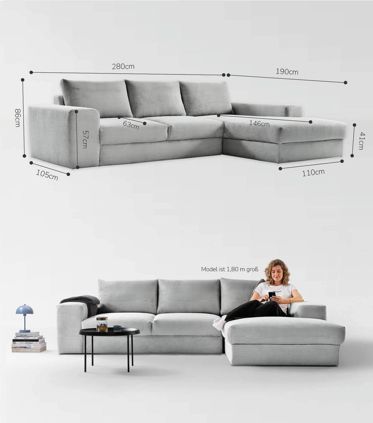 ECKSOFA Der Klassiker Recamiere rechts - Grau, Textil (280/190cm) - Mokebo